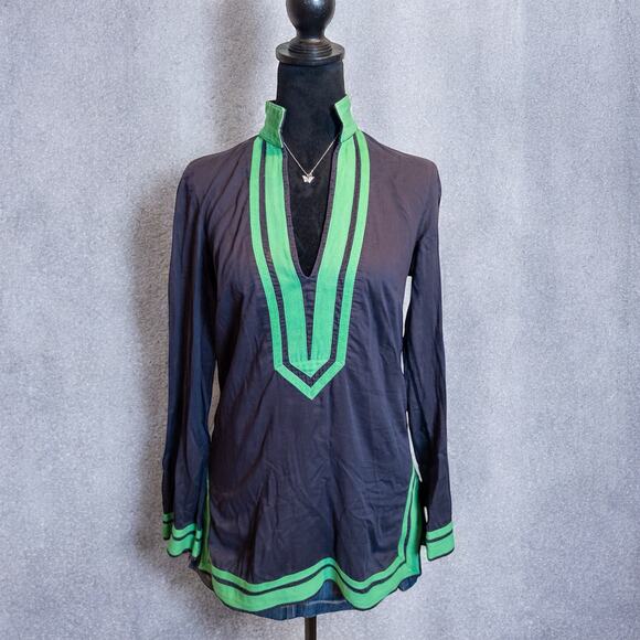 Tory Burch Sail To Sable 100% Cotton Navy Blue And Green Tunic Size 4 - Picture 1 of 9
